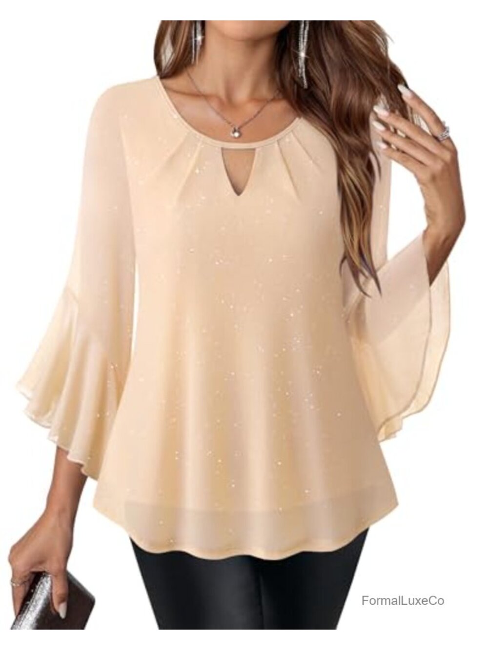 Sparkly Glitter Ruffle 3/4 Sleeve Blouse Cocktail Party Evening Top